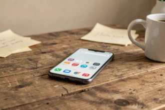 Smartphone Wiko posé sur un bureau en bois avec interface Android visible