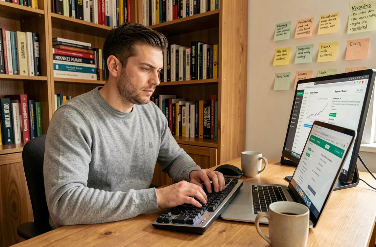 Spécialiste du marketing digital travaillant sur des outils SEO depuis son bureau à domicile, entouré de livres marketing et de notes de stratégie de référencement