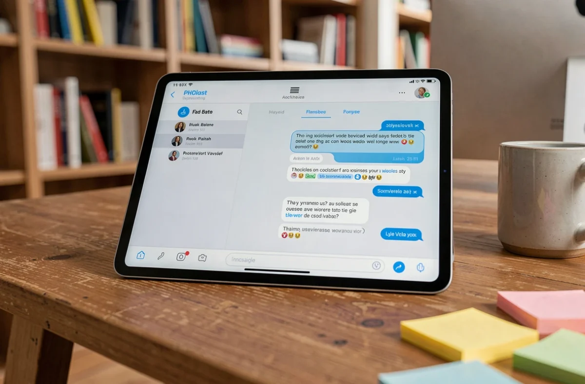 Tablette affichant une interface de chatbot sur un bureau en bois dans un espace de travail à domicile, représentant l'automatisation des échanges numériques