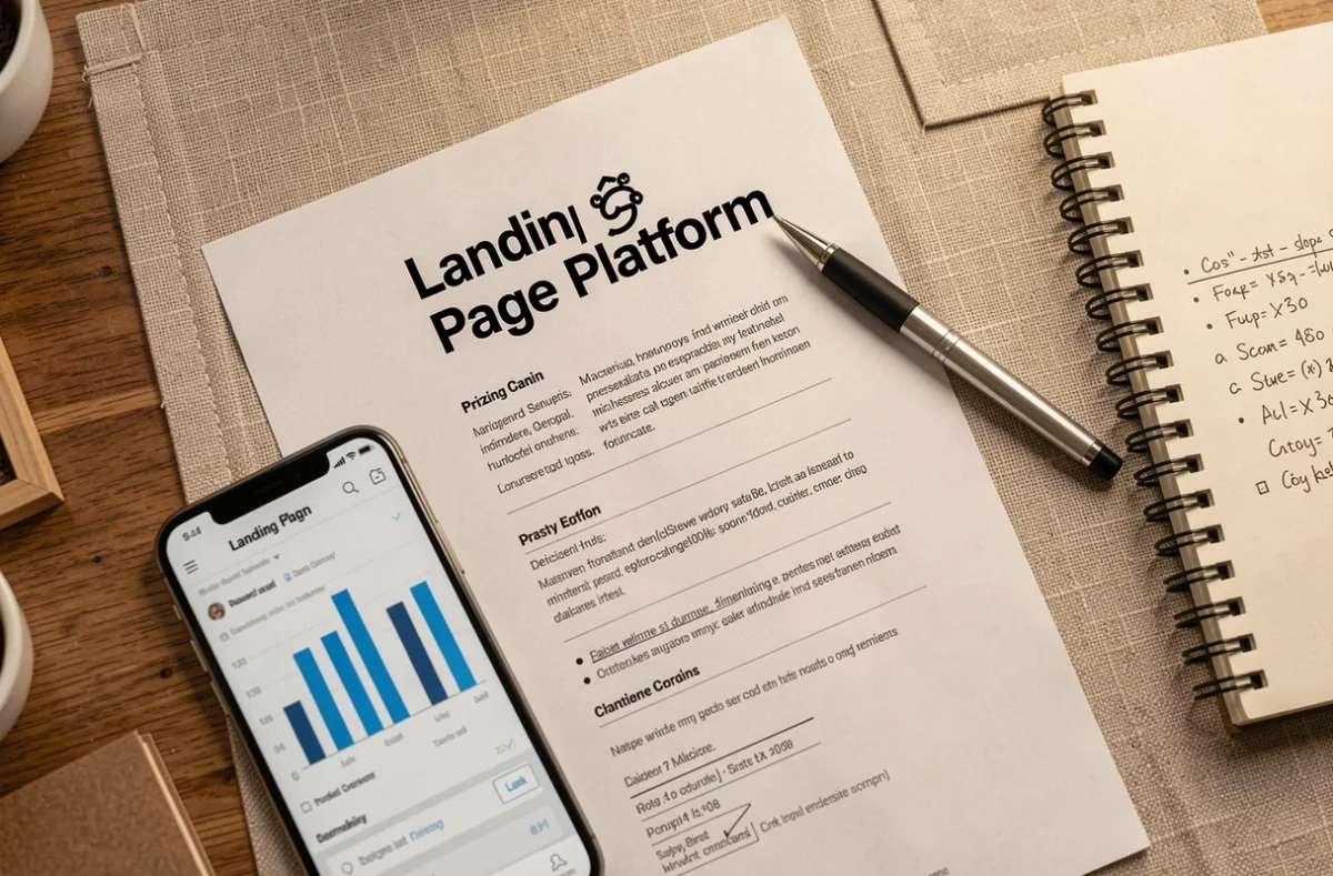 Documents de tarification d'une plateforme de landing page posés sur un bureau avec des calculs de coûts manuscrits