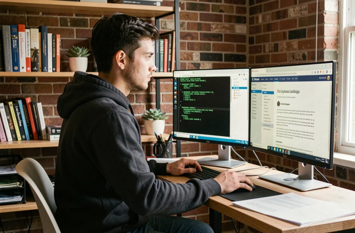 Technicien cybersécurité configurant un VPN moderne sur terminal Linux dans un bureau à domicile