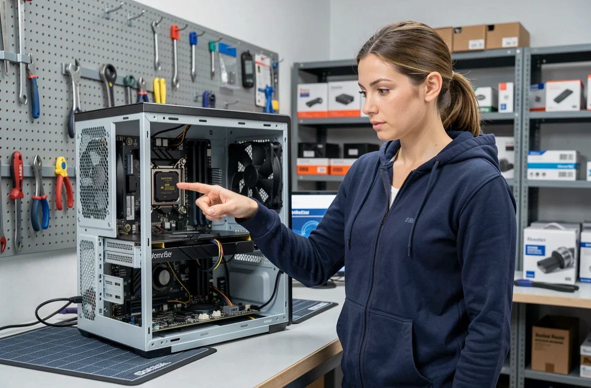 Femme technicienne analysant un socket de carte mère pour sélectionner le processeur compatible avec son PC