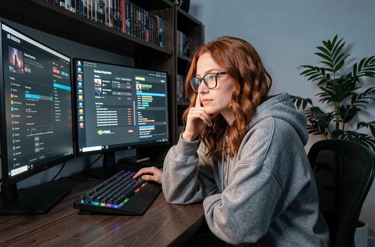 Joueuse comparant les performances AMD et NVIDIA sur deux écrans dans un bureau gaming à domicile