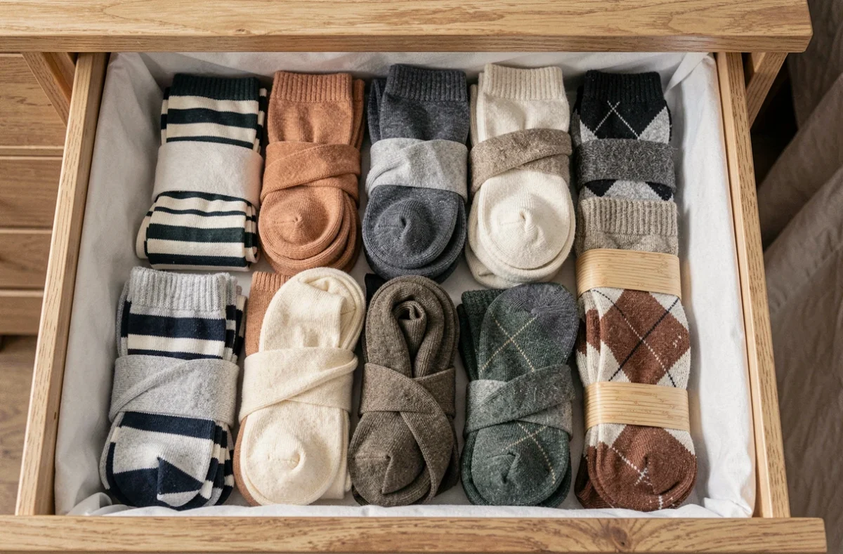 Tiroir de commode organisé avec des paires de chaussettes pliées en étrier de différentes couleurs et matières