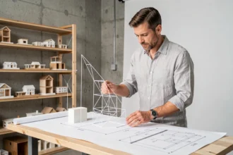 Architecte masculin étudiant un modèle 3D représentant les trois dimensions spatiales dans un studio contemporain