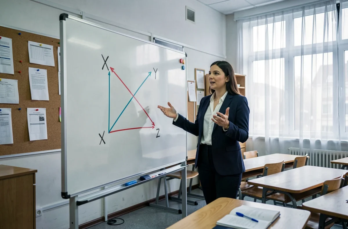 Enseignante expliquant les trois dimensions spatiales X, Y et Z devant un tableau de classe