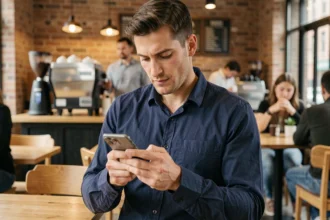 Homme utilisant un smartphone dans un café moderne, illustrant l'usage mobile au quotidien