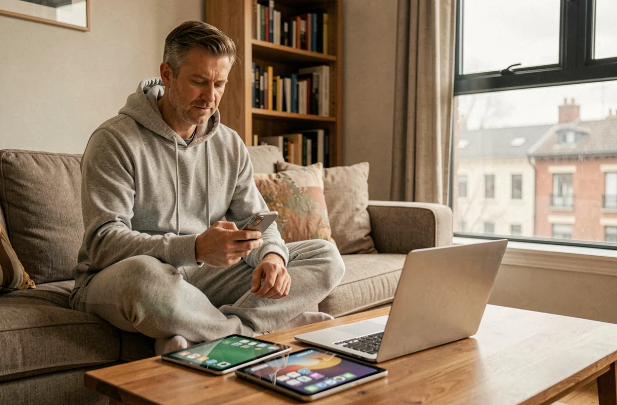 Homme utilisant plusieurs appareils avec différents systèmes d'exploitation à la maison dans un salon confortable