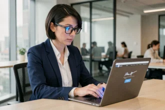 Professionnelle en cybersécurité vérifiant une signature numérique sur son ordinateur portable dans un bureau moderne