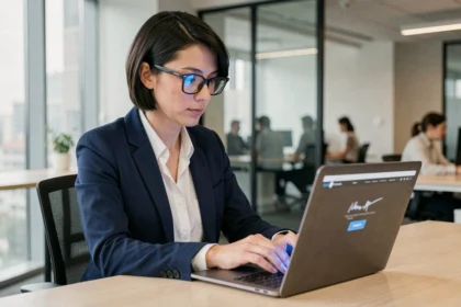 Professionnelle en cybersécurité vérifiant une signature numérique sur son ordinateur portable dans un bureau moderne