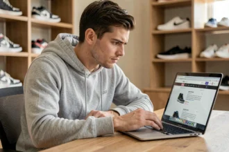 Jeune homme vérifiant la fiabilité d'un site de sneakers sur son ordinateur portable