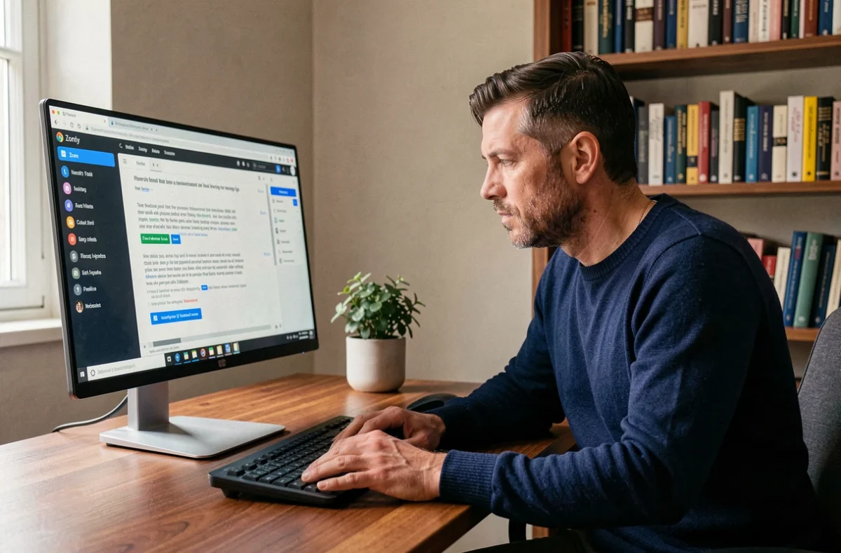 Homme travaillant depuis son bureau à domicile sur Zoom avec un panneau de transcription automatique visible sur l'écran