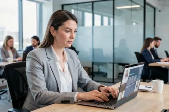 Femme professionnelle en réunion Zoom sur ordinateur portable dans un bureau moderne, consultant une transcription sur l'écran